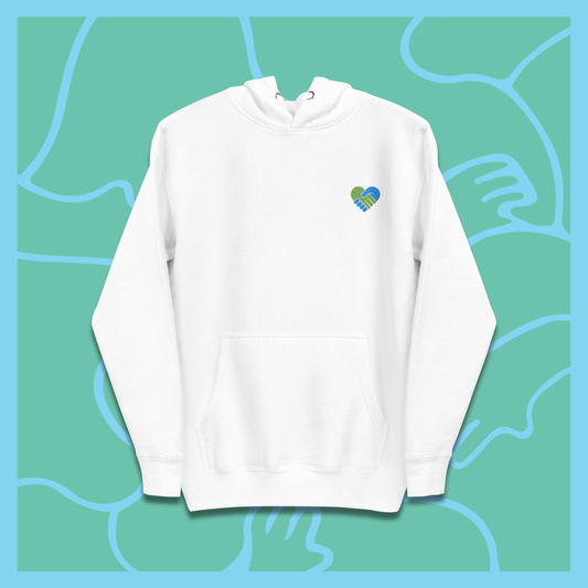 COMMUNITY hoodie with an embroidered design of two hands shaking