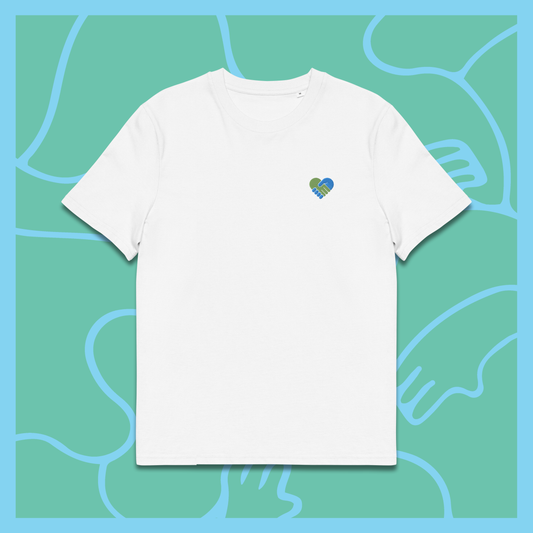 COMMUNITY t-shirt with an embroidered design of two hands shaking