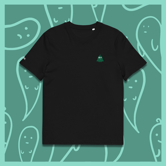 LONELY Black T-Shirt with an embroidered green ghost