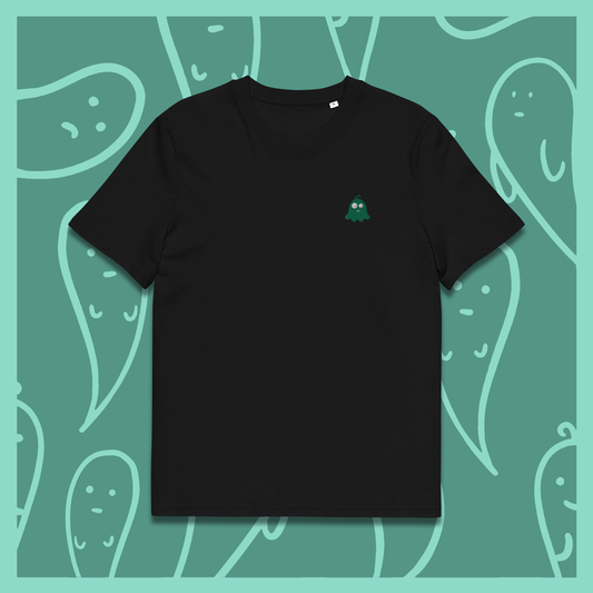 LONELY Black T-Shirt with an embroidered green ghost