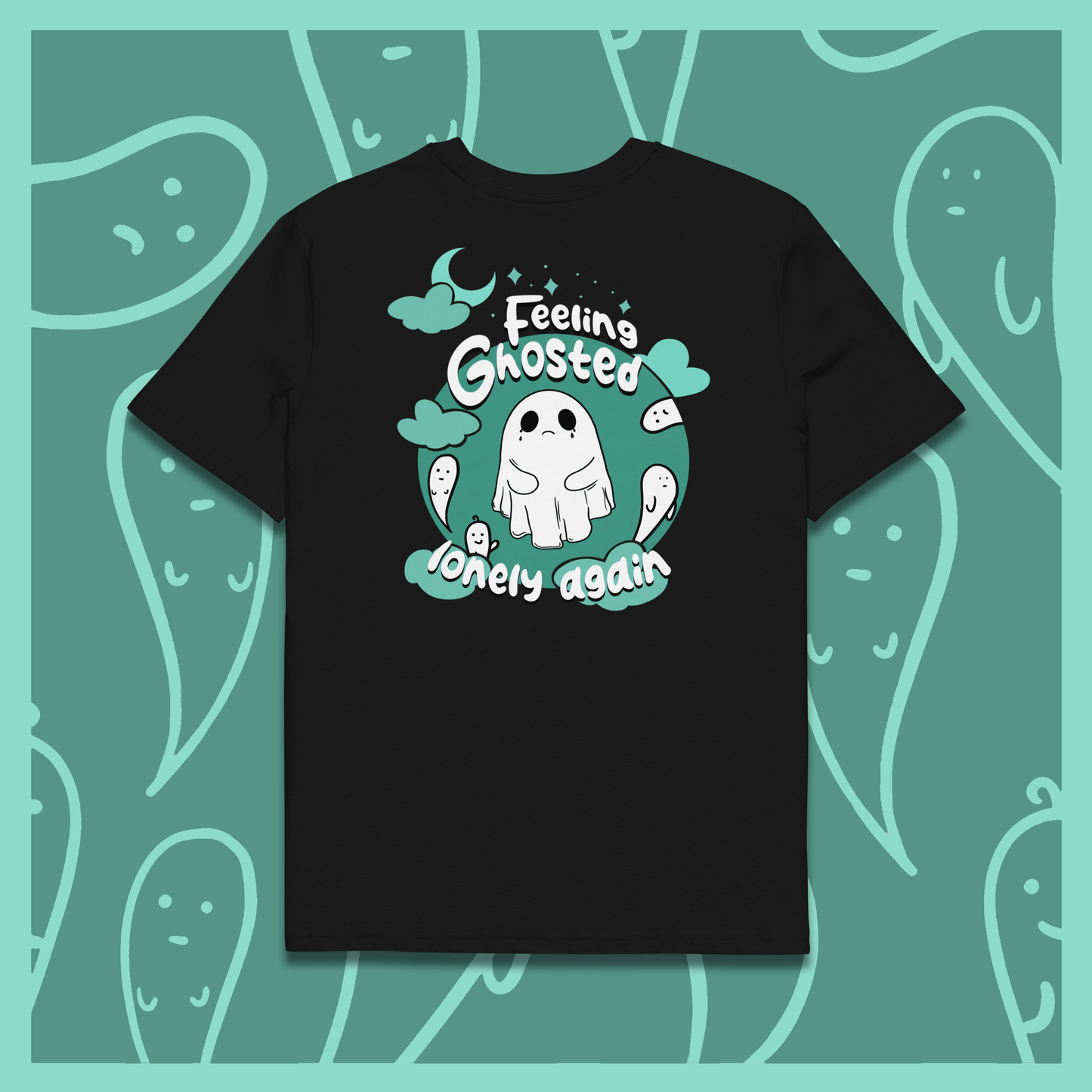 LONELY Black T-Shirt with cartoon ghosts and clouds