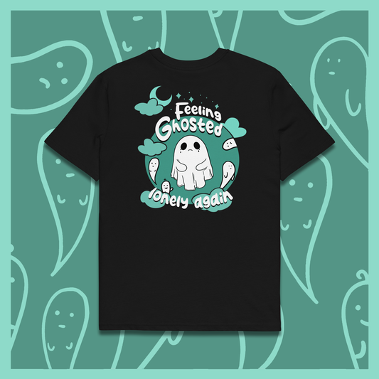 LONELY Black T-Shirt with cartoon ghosts and clouds